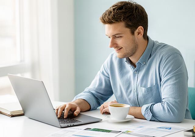 Jonge professional plant financiële toekomst aan een bureau met laptop en koffie in een lichte ruimte in Weert